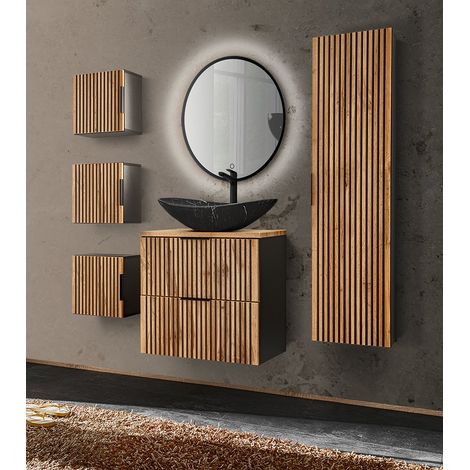 Badezimmer Komplett Set schwarz gerillt Waschtisch mit Waschbecken schwarz matt marmoriert XANTEN-56 in anthrazit mit Eiche Nb., B/H/T: 162/200/46,5 cm (1/5)