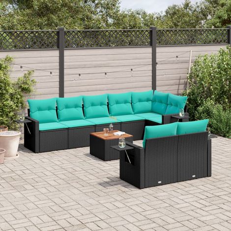Teenpull – 9-teiliges Gartensofa-Set mit Kissen, schwarzes Polyrattan (1/5)