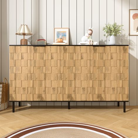 Credenza 2 ante con motivo mosaico, mobile contenitore finitura legno con gambe in metallo, per soggiorno e cucina, 160 x 35 x 80,5 cm, colore naturale