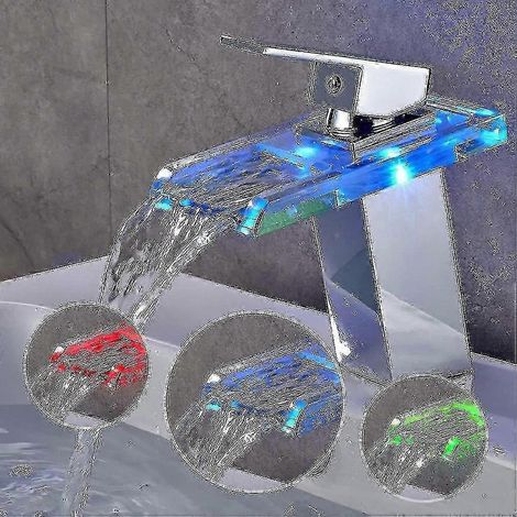 Robinet de salle de bain avec effet cascade, LED RGB, 3 couleurs, finition chromée en laiton.-AquaForge (1/5)