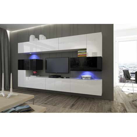 Ensemble meuble TV NEXT 3 AN3-17BW-HG25-1A blanc-noir brillant 263 cm