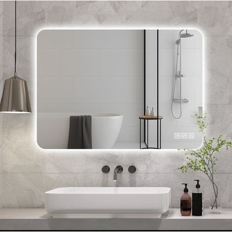 Specchio da bagno LED 90x70x2,5 cm in vetro argento antiappannamento - MEUBLIV (1/5)