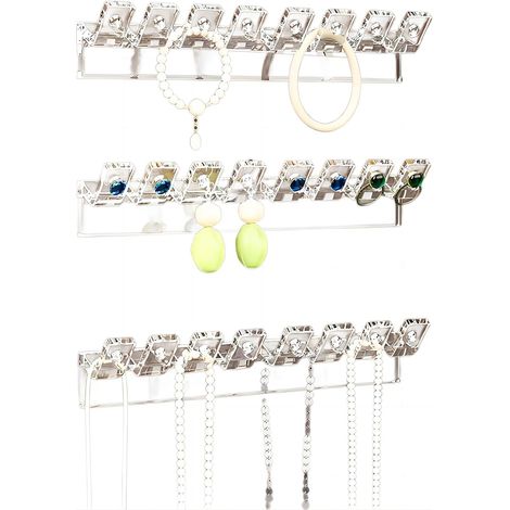 Lot de 3 organiseurs de bijoux muraux avec crochets, présentoir à bijoux pour boucles d'oreilles, colliers, bracelets, coiffeuse (1/5)