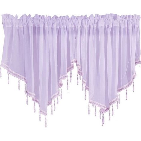Zwei dreieckige Küchengardinen mit Quasten, halbtransparent, lila, 130 x 60 cm (1/5)