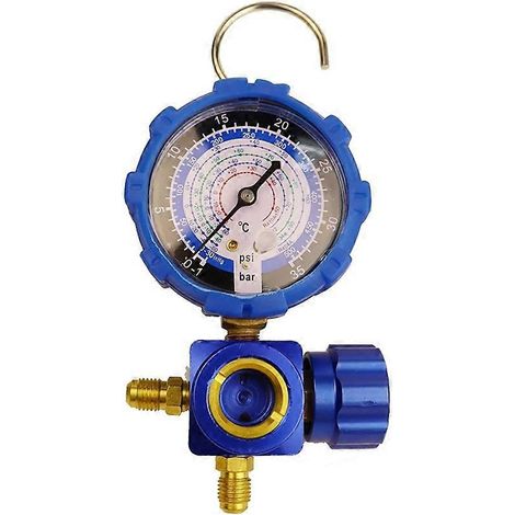 Manomètre de climatisation pour fluides frigorigènes R410A, R22, R134A et R404A, avec vanne manométrique et indicateur de niveau.