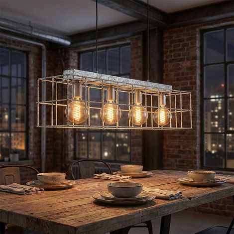 Pendelleuchte 4 flammig Hängelampe Wohnzimmer Industriell Pendellampe E27, Metallgitter zinkfarben, 4x 7W 630lm warmweiß, LxBxH 90x20x150 cm