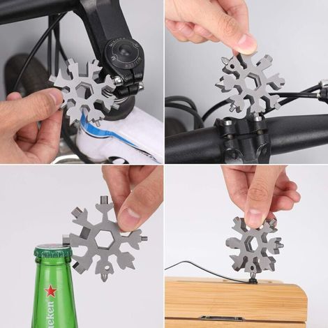 Kit di attrezzi multifunzione 18 in 1 Snowflake con cacciavite a croce e a taglio, apribottiglie/chiave inglese, chiave inglese in acciaio inossidabile (argento) (1/4)