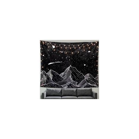 Tapisserie murale montagne lune étoiles noir et blanc, décoration chambre – (1/5)
