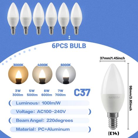 (6 ampoules, lumière blanche froide 6000K) Ampoules LED E14 de type bougie, suspensions décoratives, adaptées aux salons familiaux. (1/5)
