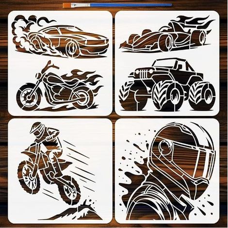 Paint Stencils with Brush 30 x 30 cm Stencils Plastic Flame Racing Template Drawing Stencils Paint Trucks Monster for Wall Fabric Home (1/5)