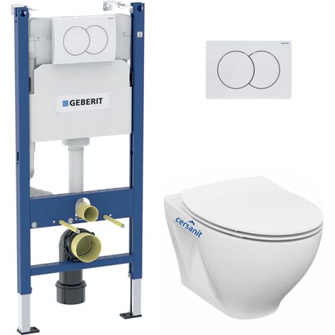 Pack WC Bati-support Geberit Duofix + WC Cersanit Moduo cuvette suspendue sans bride + abattant SoftClose + Plaque blanche (Modu (1/5)