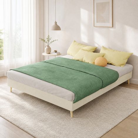 Letto 140x200 cm beige in tessuto velluto olandese e metallo, struttura bassa moderna HAVRYA (1/5)