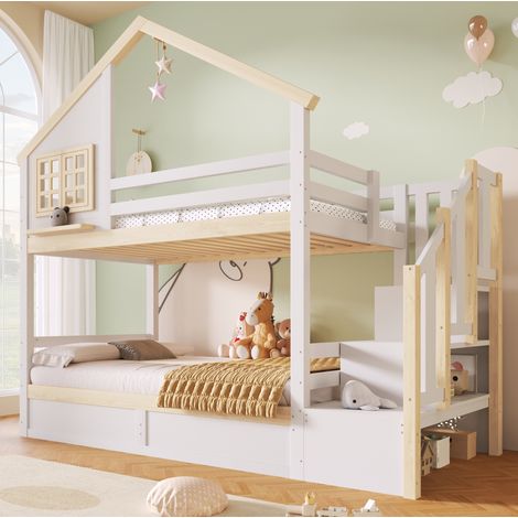 Litera 90x200 cm blanco y natural de pino y MDF con almacenamiento hidráulico (1/5)