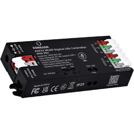 Contrôleur de bande LED numérique DOMRAEM ESP32 WLED avec microphone, alimentation DC5-24V, 16A, 0,5W en veille, compatible avec plus de 100 LED (WS2811/14/05), noir. (1/5)