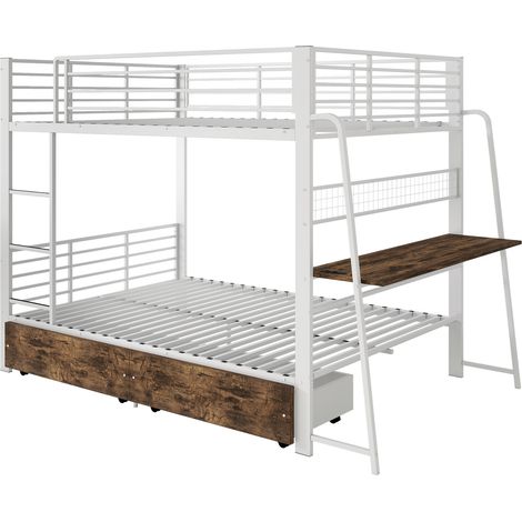 HOMVRA Etagenbett 140 x 200 cm mit Schreibtisch, 2 Schubladen, RGB-LED und USB-C, Weiß (1/5)