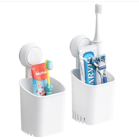 Soporte de pared para cepillos de dientes, con ventosa, blanco, plástico, juego de 2, instalación en 1 segundo, extraíble, 3 kg, reutilizable, para propiedades de alquiler, con desagües huecos para se (1/5)