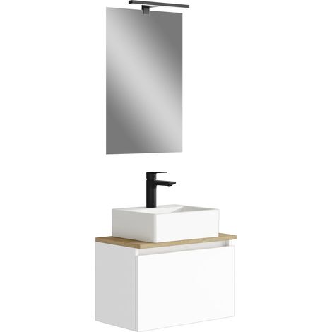 Petit Meuble de Salle de Bain avec lavabo en céramique et Miroir avec Applique LED à Une Porte Rabattable, Finition Blanche, Facile à Assembler, 50 x 34 x 30 cm (1/5)