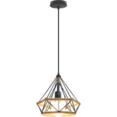 Lustre Suspension en Corde de Chanvre Vintage Lampe Suspension en Cage Diamant en Métal Industrielle pour Salon Chambre (1/4)