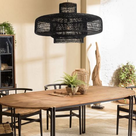 SIXTINE - Suspension 'double' 90x90cm en bois de teck et rotin noire (1/5)
