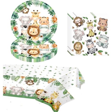 Assiette Jetable Jungle Safari 41 Pièces de Vaisselle Jetable Assiettes en Carton Serviettes, Nappe Décorations pour Baby Shower Assiettes pour Anniversaire de Garçon Noël (1/5)