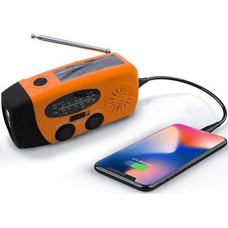 Radio météo solaire d'urgence, auto-alimentée, AM/FM/WB, radio de survie à manivelle, lampe torche LED, batterie externe 2000 mAh (Orange) (1/5)