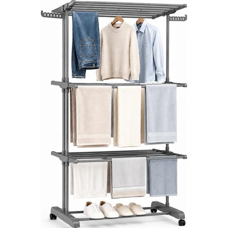 Étendoir à Linge Vertical à roulettes, Pliable, 3 Niveaux 30 m, Gris (1/5)