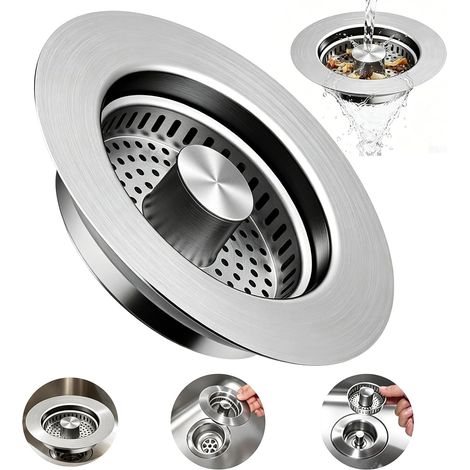 Bouchon d'évier 3 en 1, crépine de vidange escamotable Bouchon d'évier en acier inoxydable, crépine anti-obstruction pour bonde standard américaine de 8,9 cm (3 1/2 pouces). (1/5)