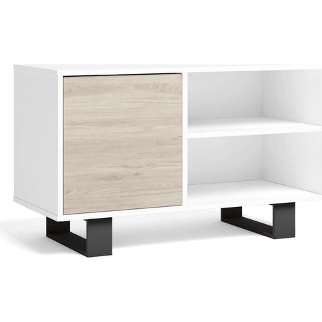 Skraut Home - Mueble TV 100 con puerta izquierda, salón comedor, Modelo WIND, color estructura Blanco, color puerta Roble, medidas 95x40x57cm de altura. (1/4)