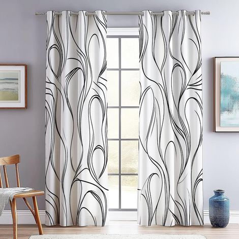 Occultants Chambre Feuilles Vertes, Motif Simple, Style Frais Imprimé Rideau À Oeillets, Chambre Enfant Décoration De Fenêtre 140L X 260H cm (2 Panneaux) Isolant Et Tissu Noir Blanc - 140L X 260H cm ( (1/5)