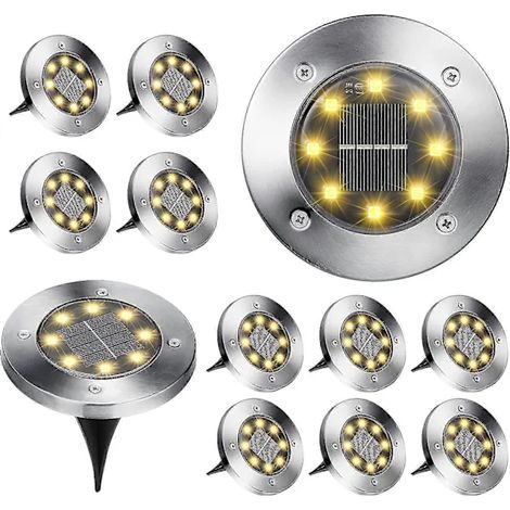 Lot de 12 lampes solaires d'extérieur pour jardin, 8 spots LED encastrés au sol, blanc chaud 3000K, étanches IP65, pour allée.-AquaForge (1/5)
