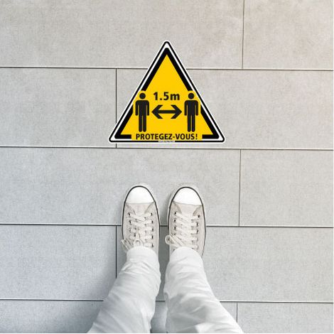 SIGNALISATION AU SOL COVID 19 CORONAVIRUS - SIGNALISATION SOL TRIANGLE ADHESIF - PROTEGEZ VOUS - DISTANCE DE SECURITE ENTRE 2 PE - Distance de 1m - Diamètre 250 mm (1/4)