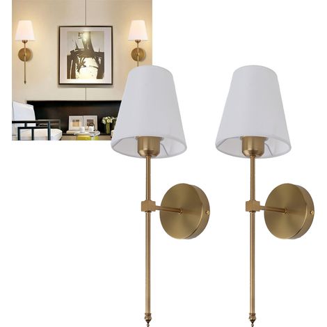 Applique murale en métal doré avec abat-jour blanc et câblage rigide, applique d'intérieur, E27/E26, luminaire mural simple, convient pour la chambre, le salon, la coiffeuse et la salle de bain. (1/5)