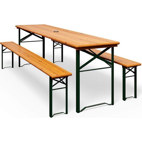 Set Birreria 200 x 70 Cm XL 8 Posti 3 Pezzi 2 Panche 1 Tavolo Pieghevole Panca Da Feste Sagra Legno Abete Struttura Acciaio