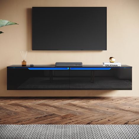 SONNI Hochglanz TV Schrank mit Schublade und LED-Lichtern, Wandmontage/Standmontage, Geeignet für Wohnzimmer und Schlafzimmer, Schwarz, 1600 x 350 x 300 mm (1/5)
