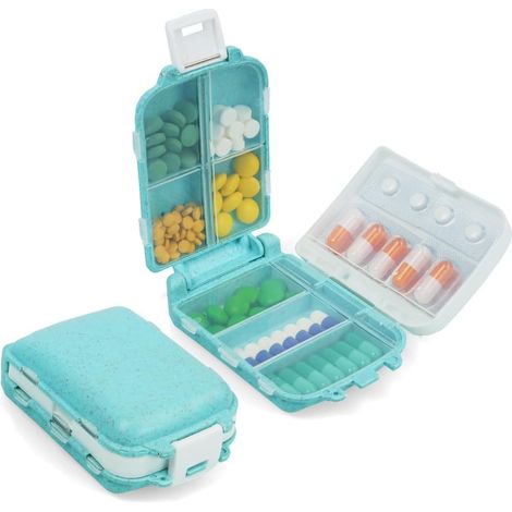 Pilulier Portable, 3 Étages Semainier Medicament, Pilulier Avec 8 Compartiments, Plastique Boîtes à Pilules, Distributeur De Pilules pour Médicaments, Suppléments et Vitamines (Bleu) (1/5)