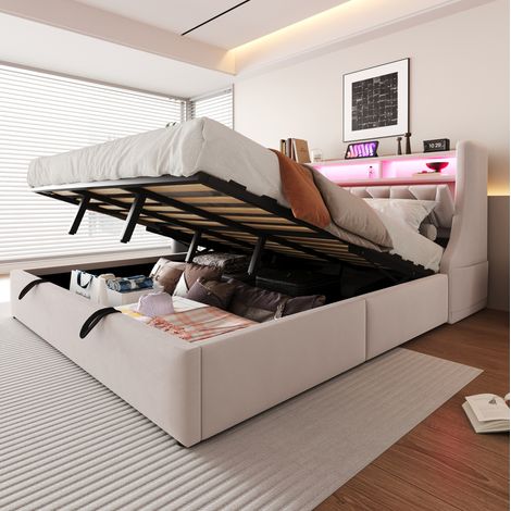 Cama tapizada 180x200 cm, cabecero abatible con almacenaje, luz LED, enchufe USB y tipo C, terciopelo beige (1/5)