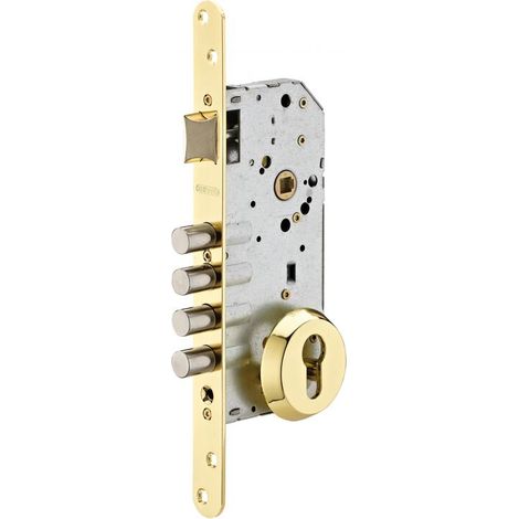 Boitier de serrure encastrable à cylindre pour entrée – Axe 50mm – 4 pênes en acier – Rosaces ouvertes – Finition laiton (1/4)