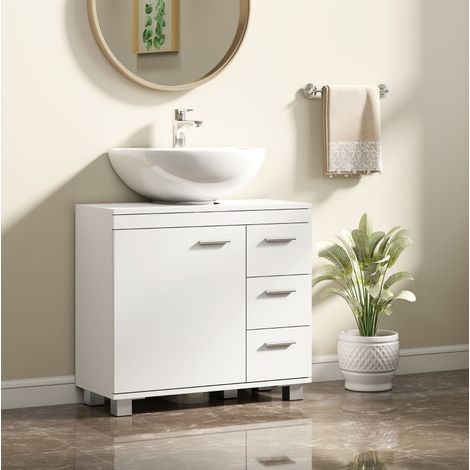 Mueble bajo lavabo de madera blanco 70x30x64 cm con 2 estantes, 3 cajones y recorte en U (1/3)