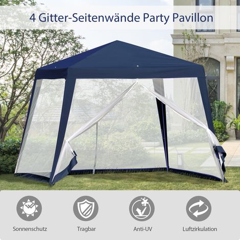 Pavillon de jardin extérieur, abri de terrasse, tonnelle imperméable avec moustiquaire, structure en métal et toile polyester bleue, 3 x 3 m (1/4)