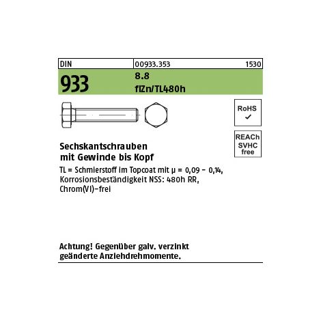 DIN 933/ISO 4017 Sechskantschraube VG M16x90 Stahl 8.8 zinklamellenbeschichtet 25 Stk (1/3)
