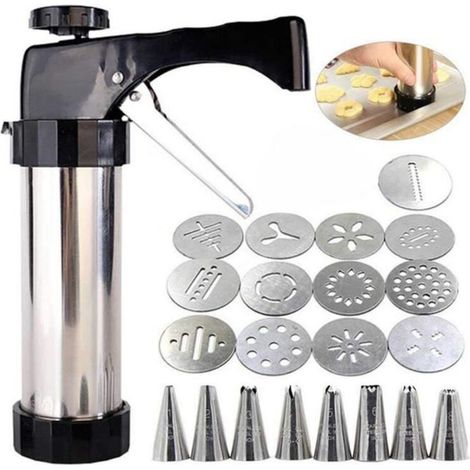 Pistolet à biscuits en acier inoxydable + 13 disques à biscuits + 8 buses de glaçage, ensemble d\outils de cuisson de
