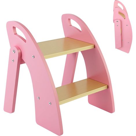 Marche Pied Enfant, Marchepied Pliable en Bois à 2 Marches avec Poignée, Charge maximale 135 kg, Marche Pied pour Cusine, Salle de Bain,Chambre à Coucher, Rose (1/5)