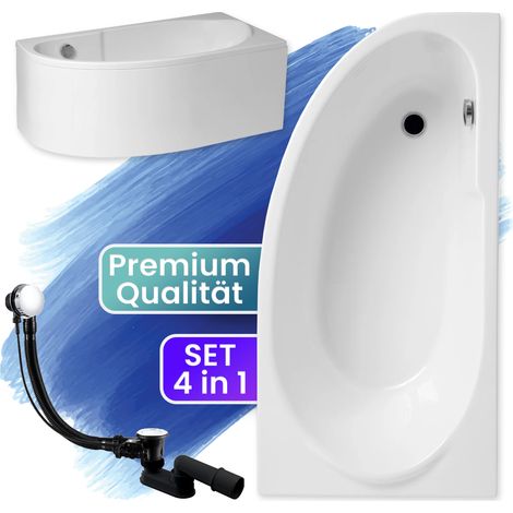 Badewanne Eckbadewanne 140x70 Rechts mit AcrylSchürze, Ablaufgarnitur & Füßen GRATIS - Komplettset 4in1 Original Acryl Wanne Siphon - BADLAND MIKI