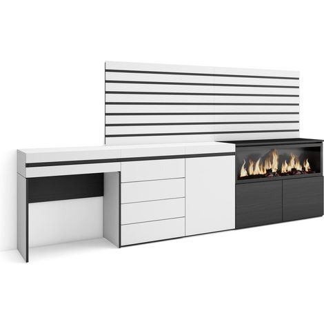Skraut Home - Tocador, Dormitorio habitación, 284x145x35 cm, Con cajón, Chimenea eléctrica XXL, Cómoda, Cajonera, Listones Decorativos, Estilo Moderno, Blanco (1/5)