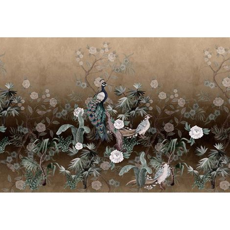 Papier peint panoramique japonais marron & gris Tapisserie panoramique fleurie salon & couloir Papier peint panoramique floral oiseaux (1/2)