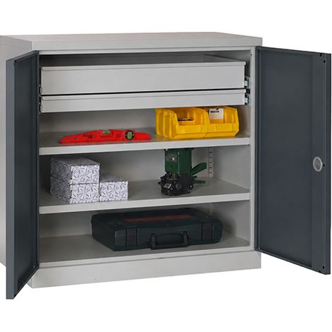 Armoire de rangement acier anthracite - 2 tiroirs et 2 étagères charge 150kg/niveau - Dim. 1000x1000x500mm - W030090037-GCGA (1/5)