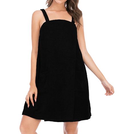 Robe de bain/douche pour femme avec fermeture à bretelles, robe portefeuille légère arrivant aux genoux (Noir)