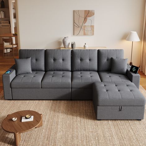 Divano modulare a L con pouf contenitore, seduta per 4 persone, ricarica USB e Type-C, grigio antico (1/5)