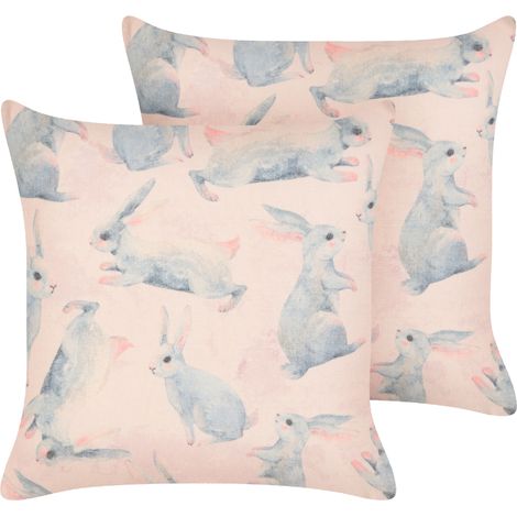 Conjunto de 2 cojines de algodón motivo conejo 45 x 45 cm fundas extraíbles con relleno rosa y gris Ratibida