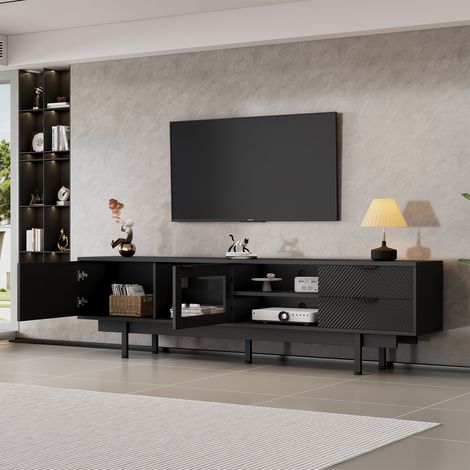 Mobile porta TV con contenitore, 2 cassetti, 2 ante, 5 gambe di supporto, per TV fino a 80 pollici, 200x40x50cm, stile moderno, nero (1/5)
